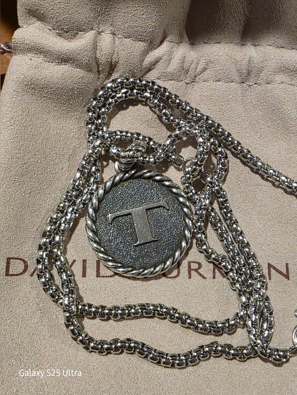 David Yurman Silver "T" Pendant Necklace On A 22" X 2.7mm Box Chain